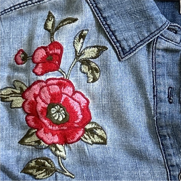 En Crème Embroidered Chambray Tunic Dress Boho Floral Denim Shirt Women L - Picture 2 of 14